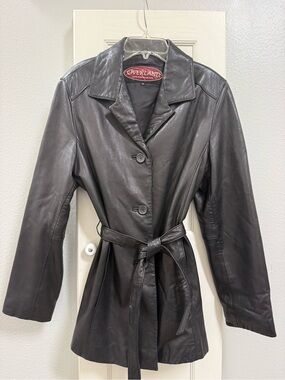 OVERLAND Vintage Women's Classic Black Leather Belted Jacket